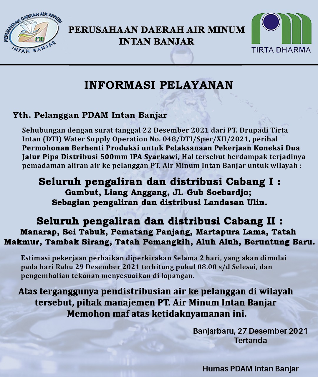 Informasi Pelayanan PDAM Intan Banjar. (Foto: Humas PDAM Intan Banjar/Katajari.com)