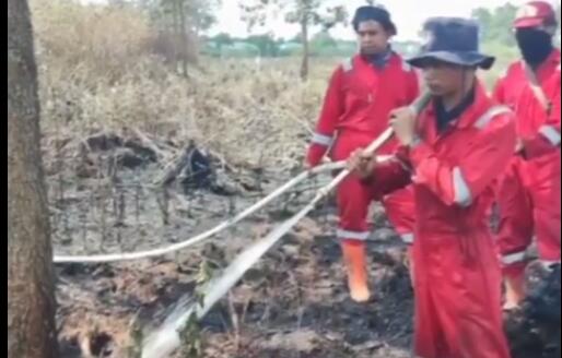 Tim Brigdalkahurtla Kalsel lakukan pemadaman api di Jalan Tegal Arum, Senin (22/5/2023). (Foto: Dishut Kalsel/Katajari.com)