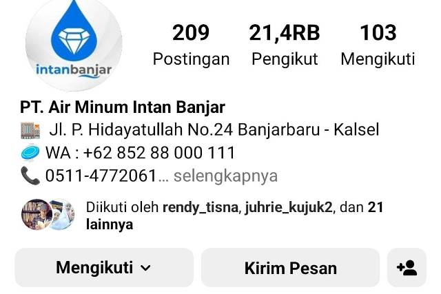 Akun Instagram resmi PT Air Minum Intan Banjar (Perseroda) @ptamintanbanjar sudah pulih dan aktif dapat diakses lagi. (Foto: Instagram PT Air Minum Intan Banjar)