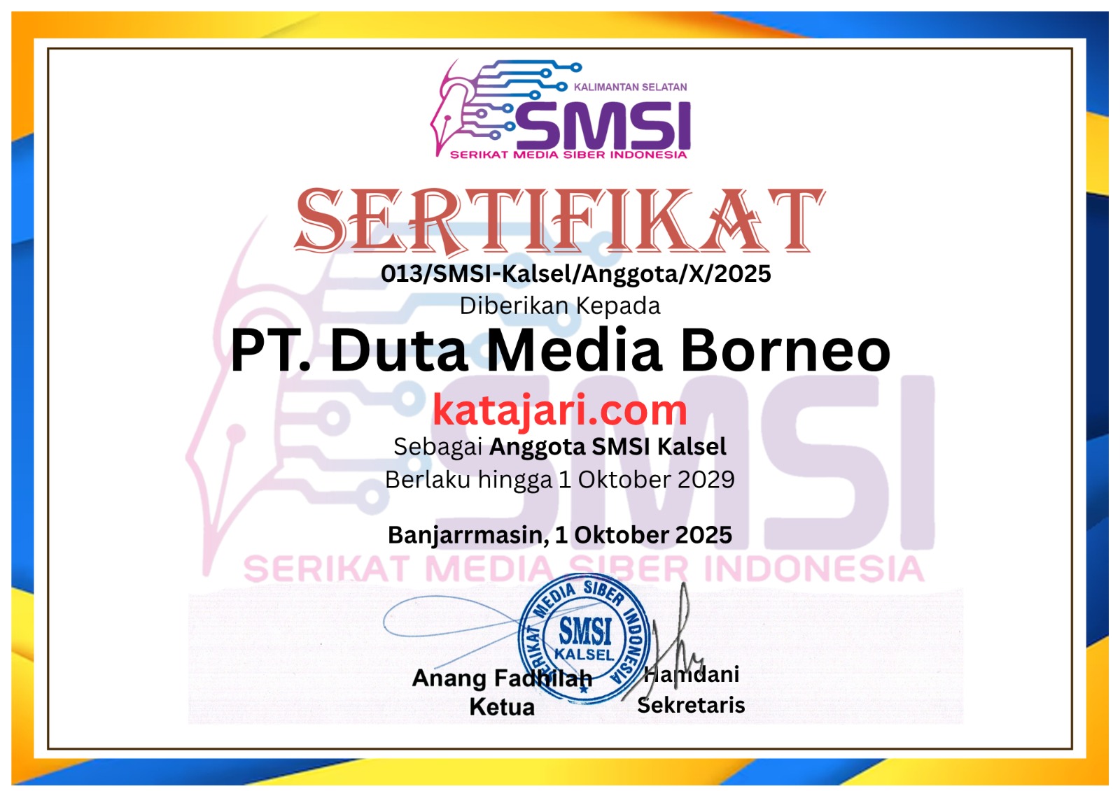 Sertifikat SMSI PT Duta Media Borneo